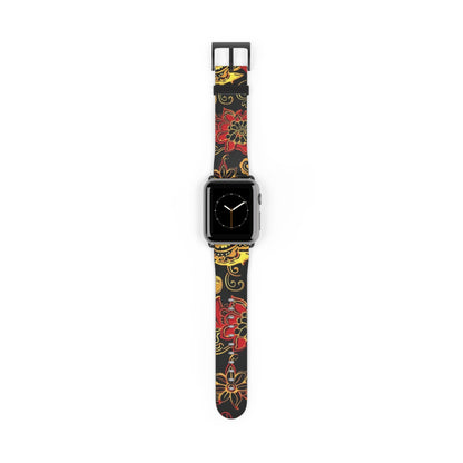 Floral Paisley Silicone Watch Band — Red & Gold Boho Apple Watch Strap - DIGITAL X