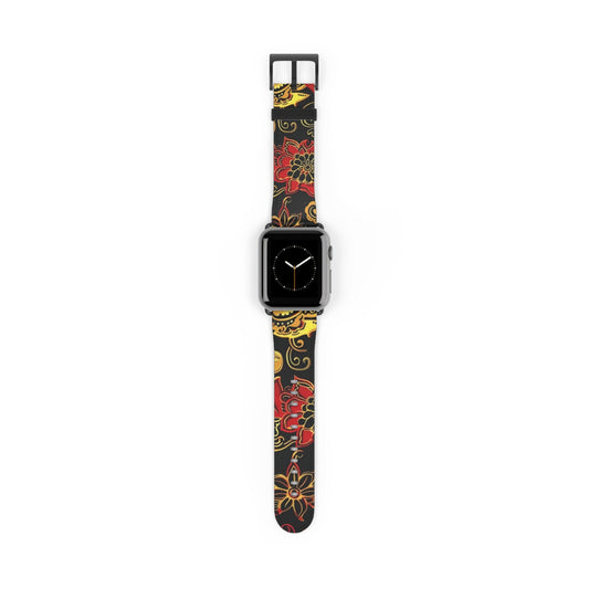 Floral Paisley Silicone Watch Band — Red & Gold Boho Apple Watch Strap - DIGITAL X