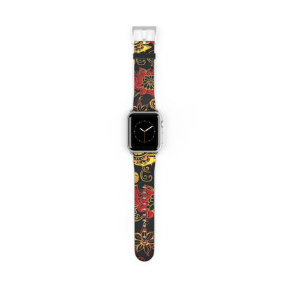 Floral Paisley Silicone Watch Band — Red & Gold Boho Apple Watch Strap - DIGITAL X