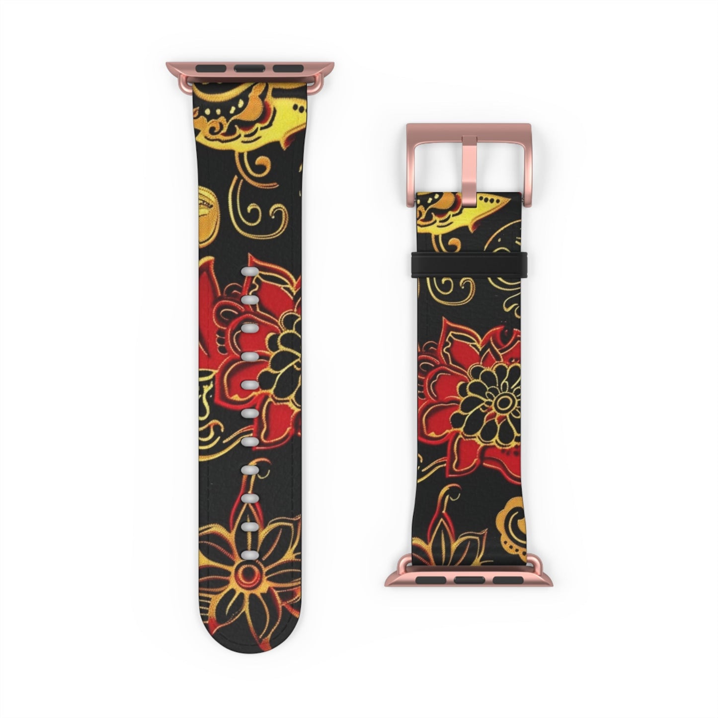 Floral Paisley Silicone Watch Band — Red & Gold Boho Apple Watch Strap - DIGITAL X