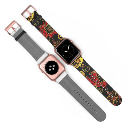 Floral Paisley Silicone Watch Band — Red & Gold Boho Apple Watch Strap - DIGITAL X