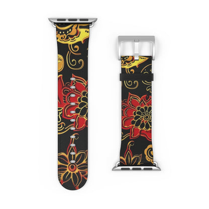 Floral Paisley Silicone Watch Band — Red & Gold Boho Apple Watch Strap - DIGITAL X
