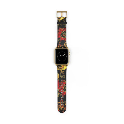 Floral Paisley Silicone Watch Band — Red & Gold Boho Apple Watch Strap - DIGITAL X
