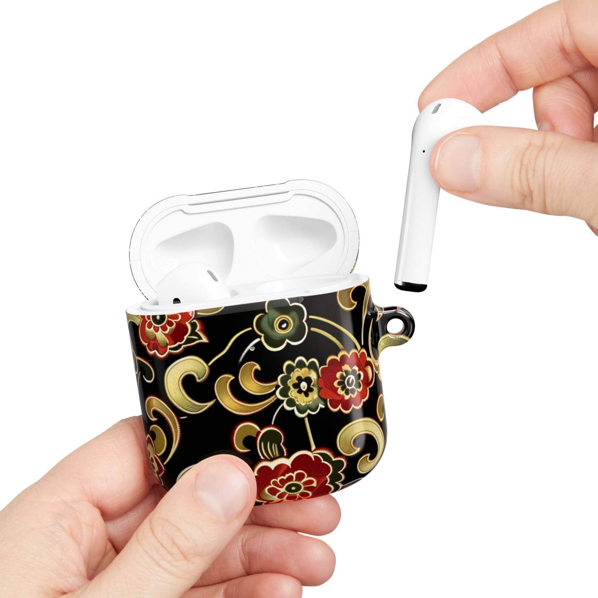 Floral Vintage Black AirPod Case – Oriental Red & Gold Pattern - DIGITAL X