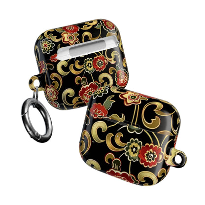 Floral Vintage Black AirPod Case – Oriental Red & Gold Pattern - DIGITAL X