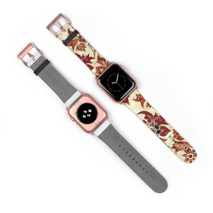 Floral Vintage Leather Watch Band — Red Cream Botanical Apple Watch Strap - DIGITAL X