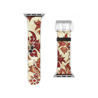 Floral Vintage Leather Watch Band — Red Cream Botanical Apple Watch Strap - DIGITAL X