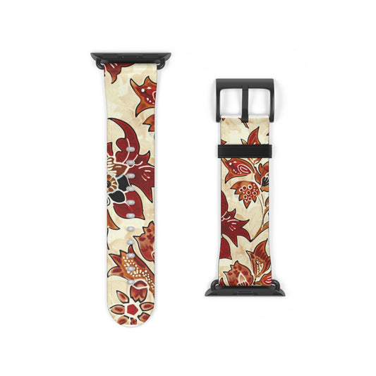 Floral Vintage Leather Watch Band — Red Cream Botanical Apple Watch Strap - DIGITAL X