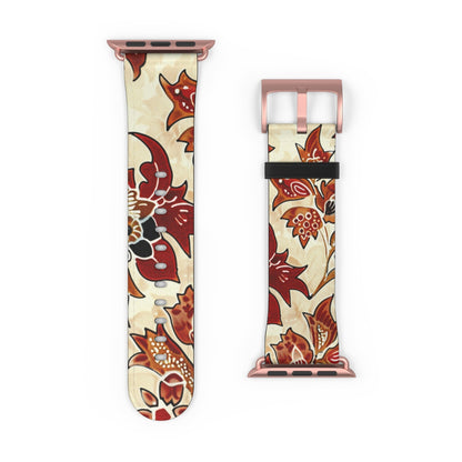 Floral Vintage Leather Watch Band — Red Cream Botanical Apple Watch Strap - DIGITAL X