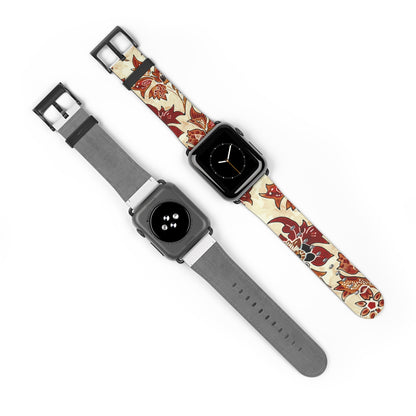 Floral Vintage Leather Watch Band — Red Cream Botanical Apple Watch Strap - DIGITAL X