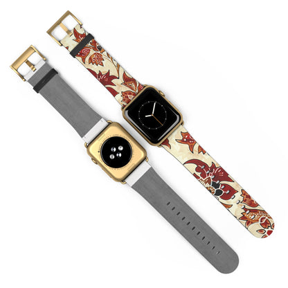 Floral Vintage Leather Watch Band — Red Cream Botanical Apple Watch Strap - DIGITAL X