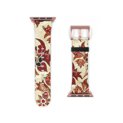 Floral Vintage Leather Watch Band — Red Cream Botanical Apple Watch Strap - DIGITAL X