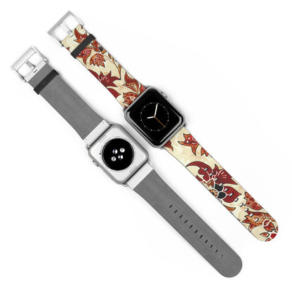 Floral Vintage Leather Watch Band — Red Cream Botanical Apple Watch Strap - DIGITAL X