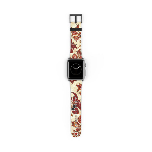 Floral Vintage Leather Watch Band — Red Cream Botanical Apple Watch Strap - DIGITAL X