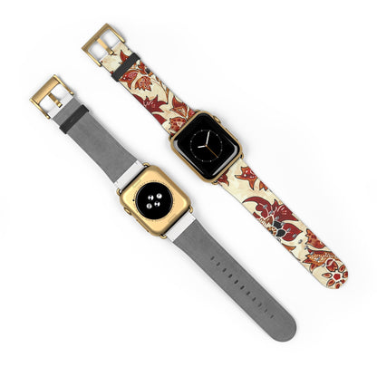 Floral Vintage Leather Watch Band — Red Cream Botanical Apple Watch Strap - DIGITAL X