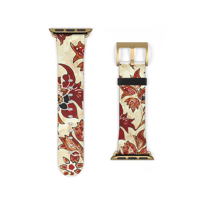 Floral Vintage Leather Watch Band — Red Cream Botanical Apple Watch Strap - DIGITAL X