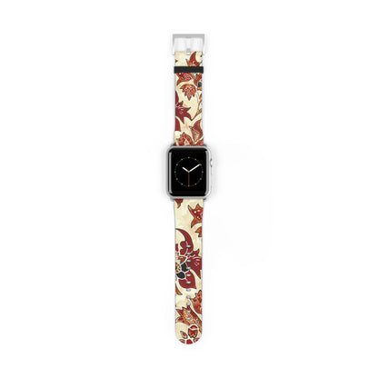 Floral Vintage Leather Watch Band — Red Cream Botanical Apple Watch Strap - DIGITAL X