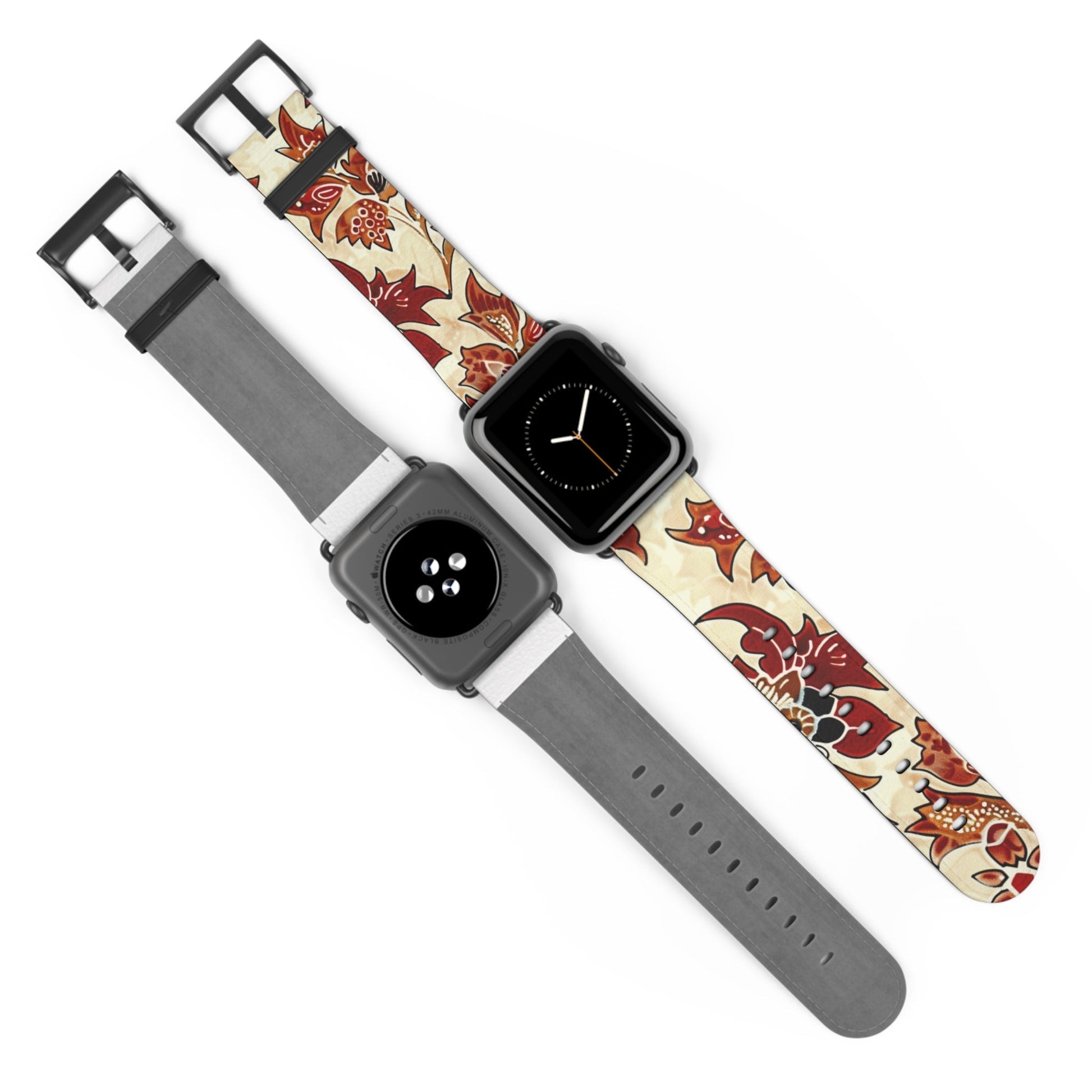 Floral Vintage Leather Watch Band — Red Cream Botanical Apple Watch Strap - DIGITAL X