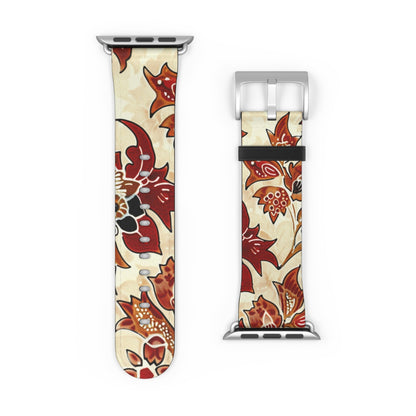 Floral Vintage Leather Watch Band — Red Cream Botanical Apple Watch Strap - DIGITAL X