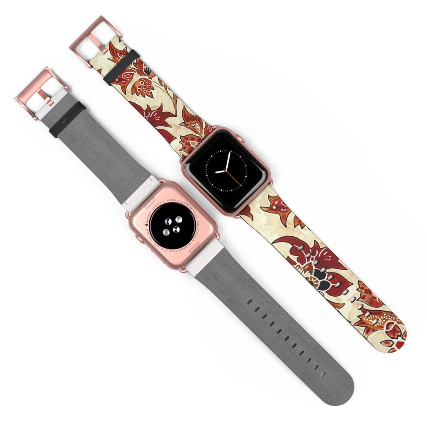 Floral Vintage Leather Watch Band — Red Cream Botanical Apple Watch Strap - DIGITAL X