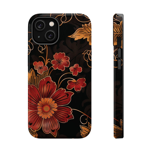Floral Vintage Magnetic Phone Case — Red & Gold Blossom Impact - Resistant Cover - DIGITAL X