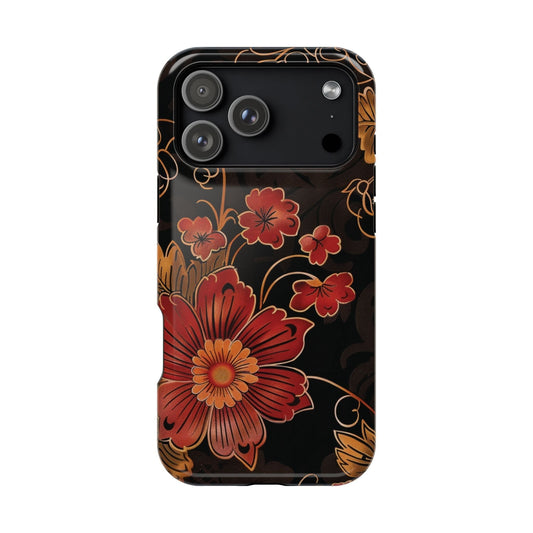 Floral Vintage Magnetic Phone Case — Red & Gold Blossom Impact - Resistant Cover - DIGITAL X