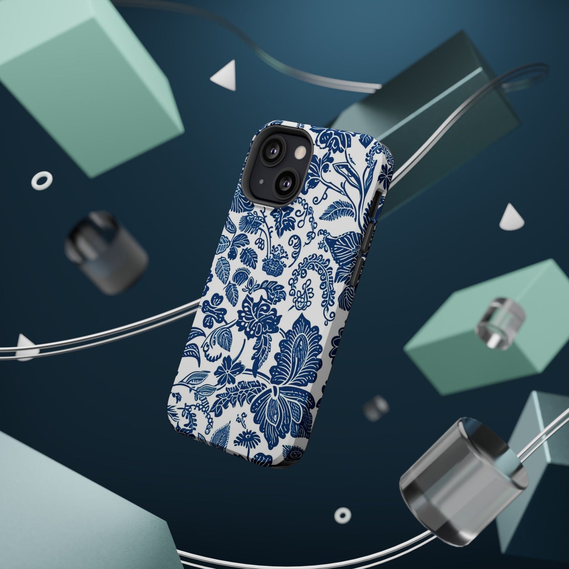 Magnetic Impact - Resistant Case — Blue Floral Toile Phone Cover - DIGITAL X