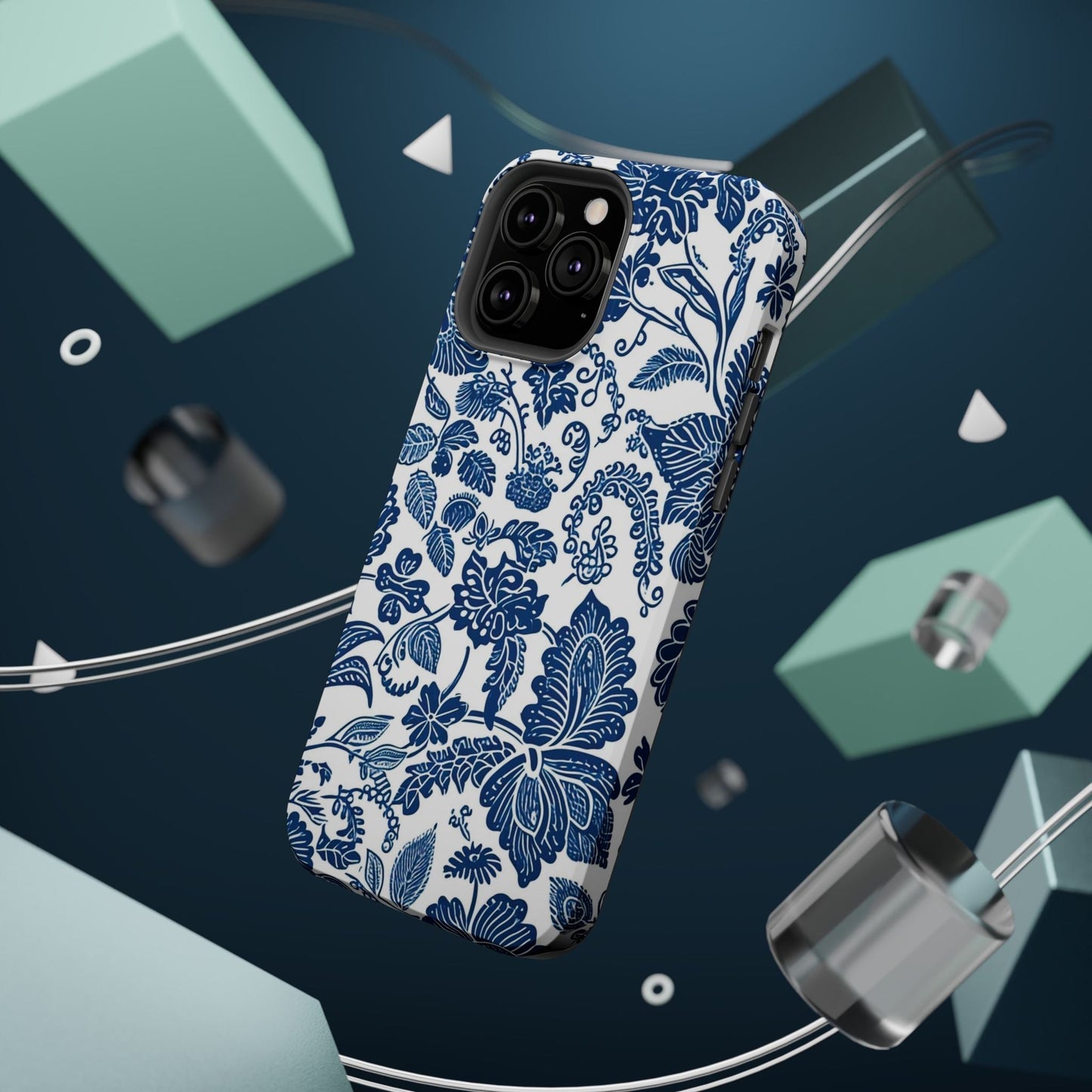 Magnetic Impact - Resistant Case — Blue Floral Toile Phone Cover - DIGITAL X