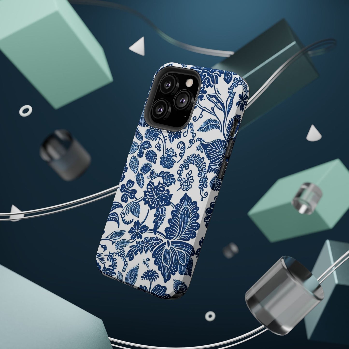 Magnetic Impact - Resistant Case — Blue Floral Toile Phone Cover - DIGITAL X