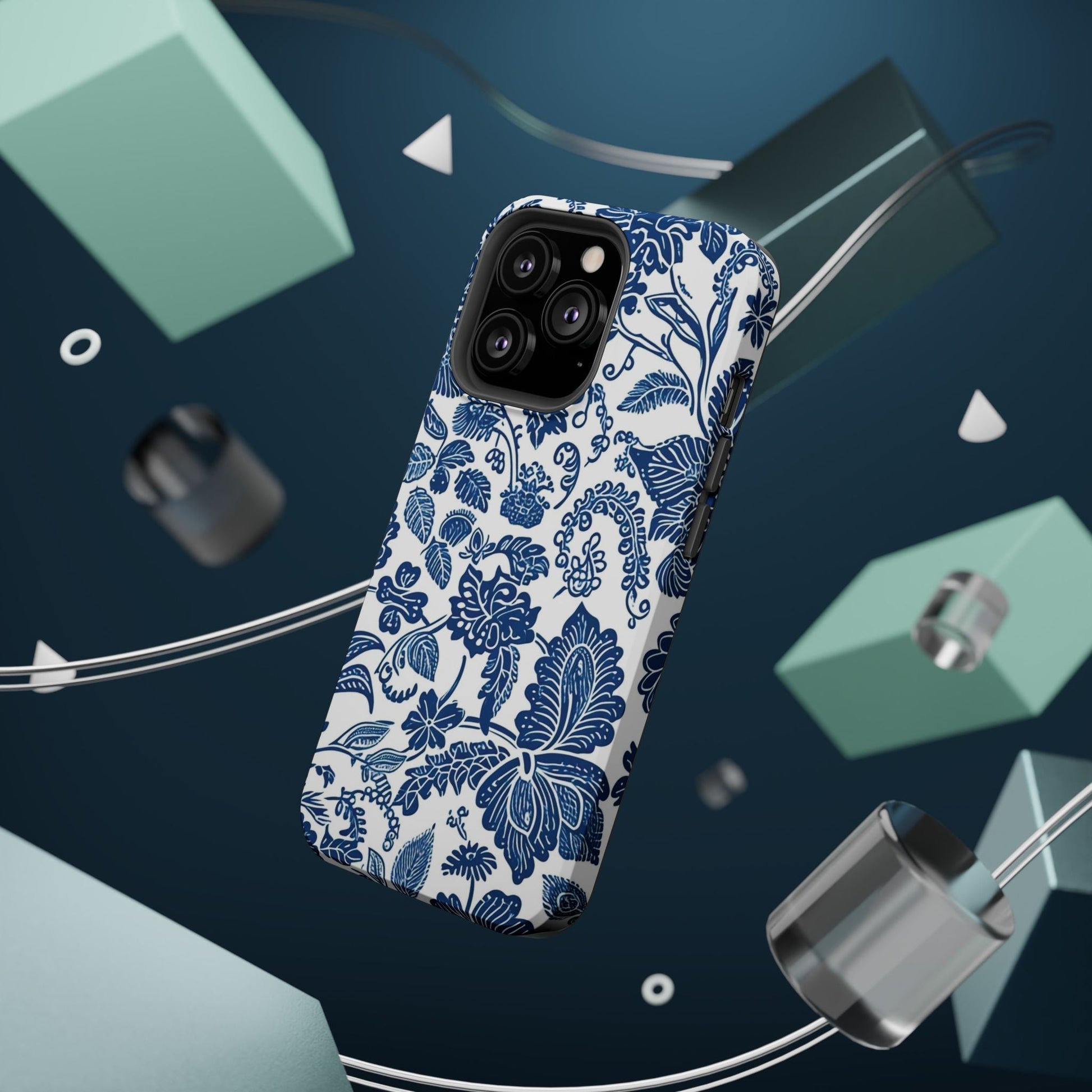 Magnetic Impact - Resistant Case — Blue Floral Toile Phone Cover - DIGITAL X