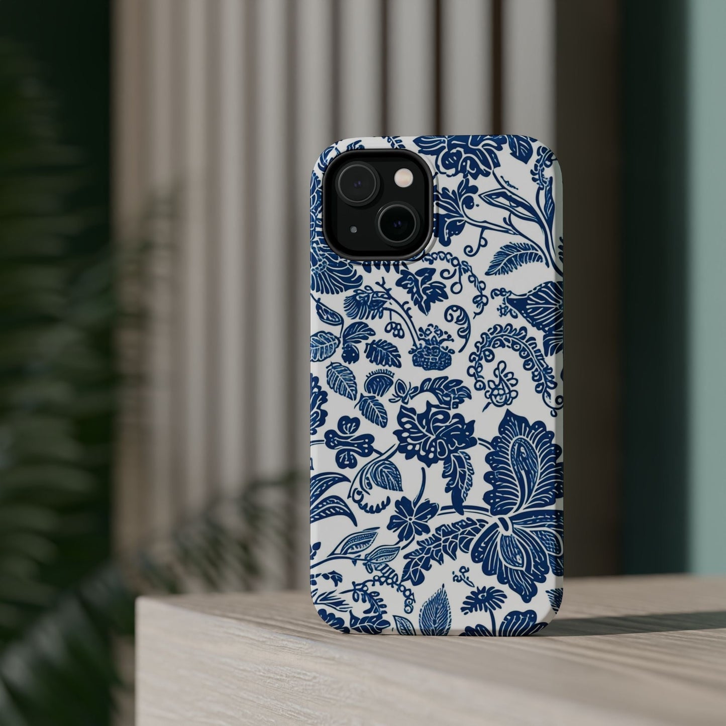 Magnetic Impact - Resistant Case — Blue Floral Toile Phone Cover - DIGITAL X