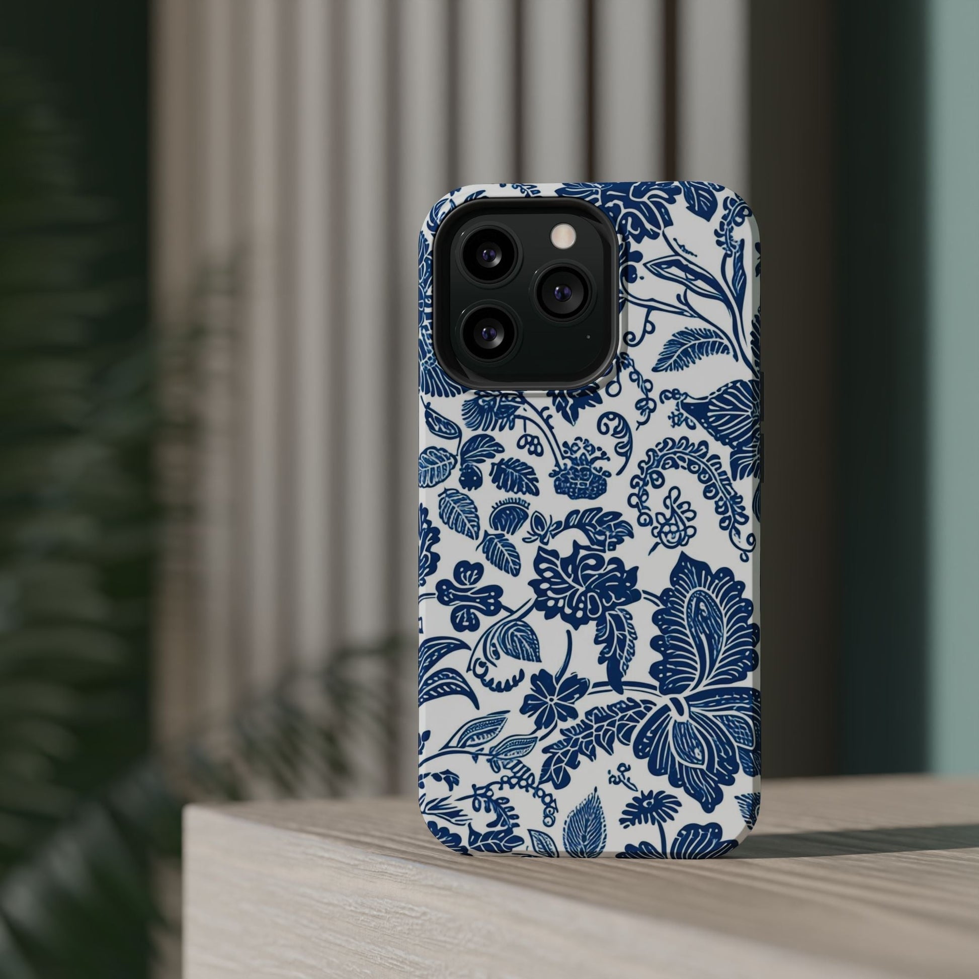 Magnetic Impact - Resistant Case — Blue Floral Toile Phone Cover - DIGITAL X