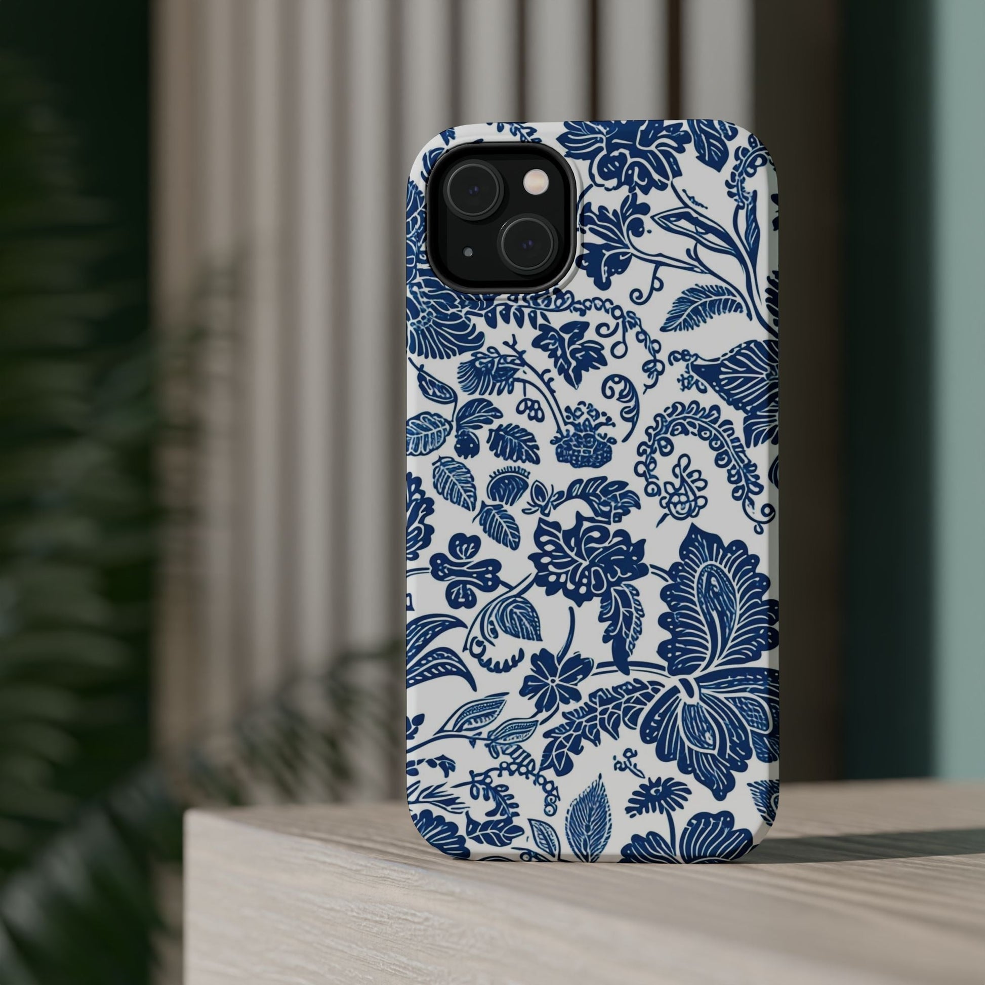 Magnetic Impact - Resistant Case — Blue Floral Toile Phone Cover - DIGITAL X
