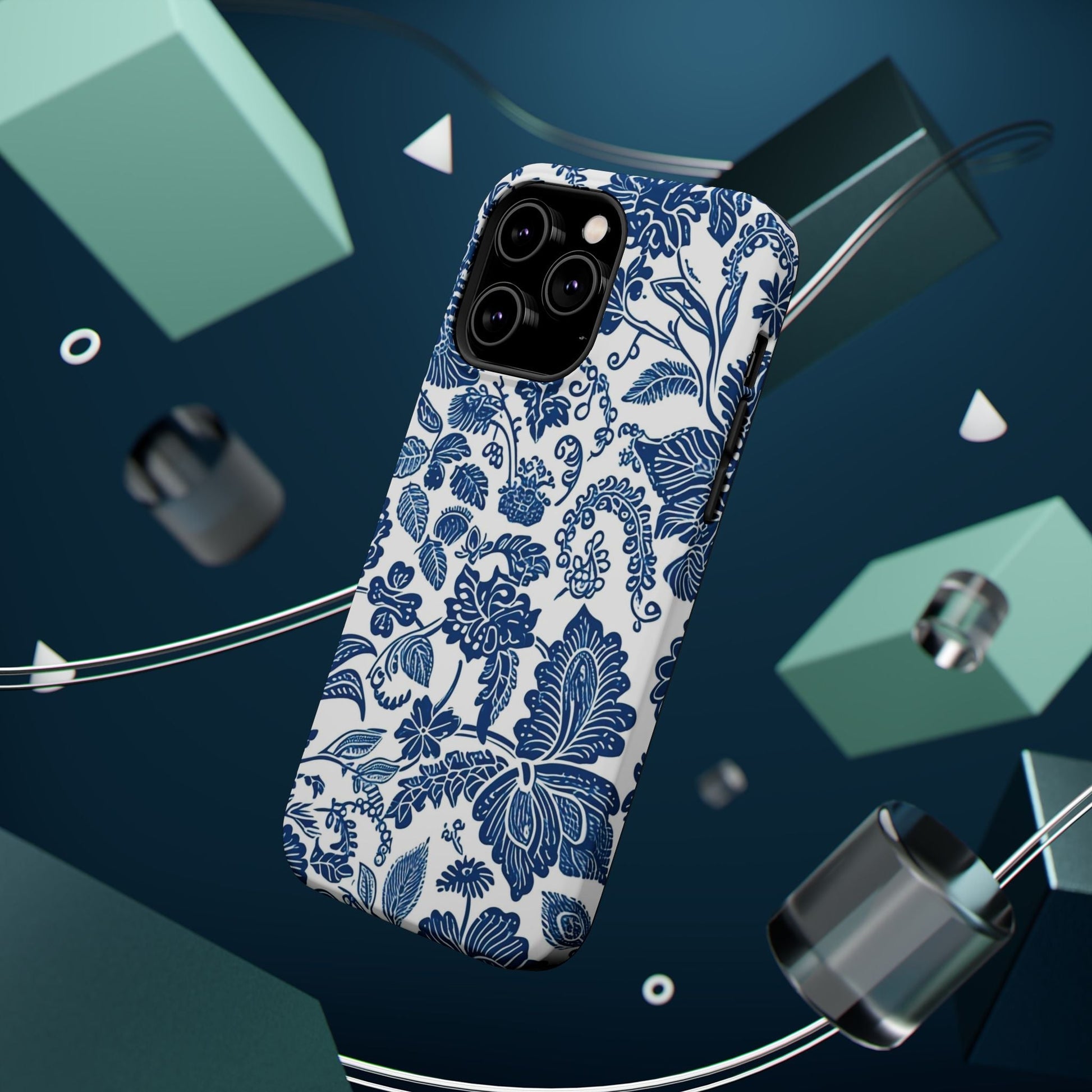 Magnetic Impact - Resistant Case — Blue Floral Toile Phone Cover - DIGITAL X