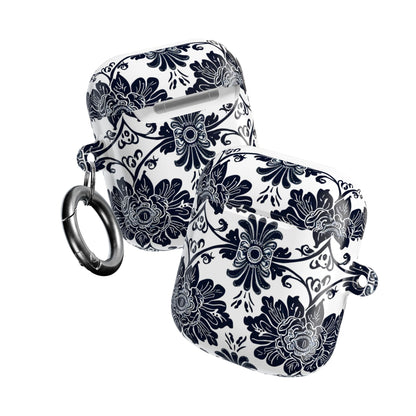 Navy Floral Damask AirPod Case — Ceramic Tile Pattern Protective Cover - DIGITAL X