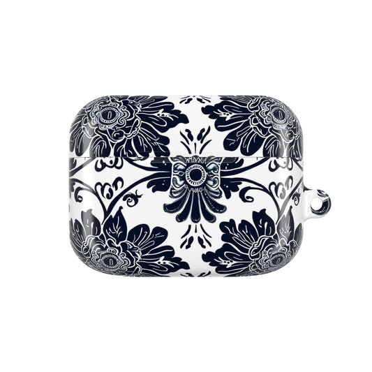Navy Floral Damask AirPod Case — Ceramic Tile Pattern Protective Cover - DIGITAL X