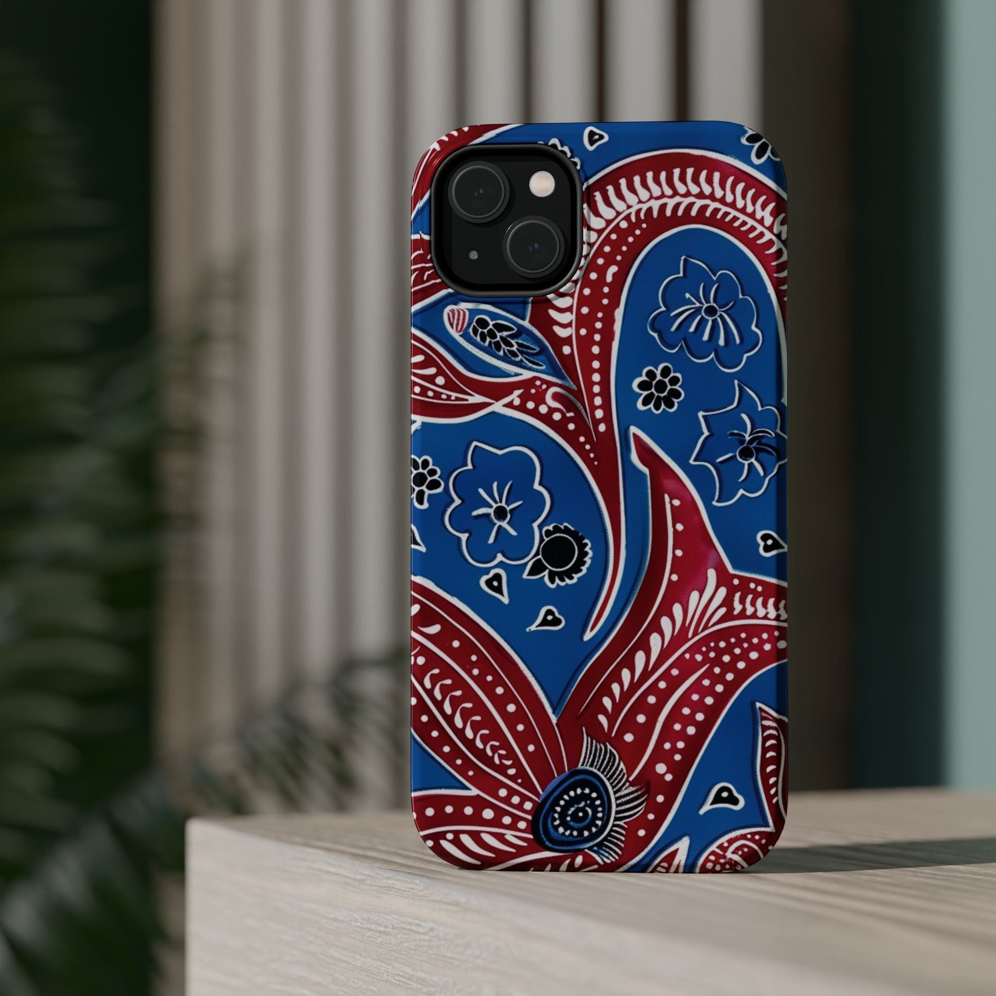 Paisley Pattern Magnetic Impact - Resistant Phone Case — Blue & Red Floral Design - DIGITAL X