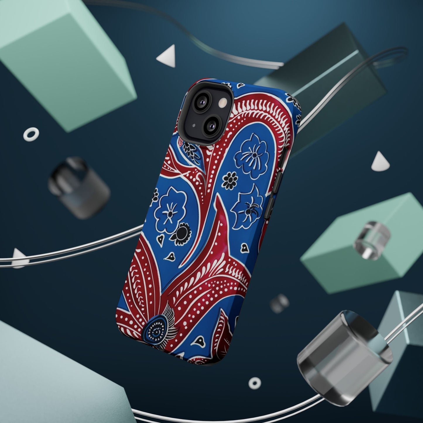 Paisley Pattern Magnetic Impact - Resistant Phone Case — Blue & Red Floral Design - DIGITAL X