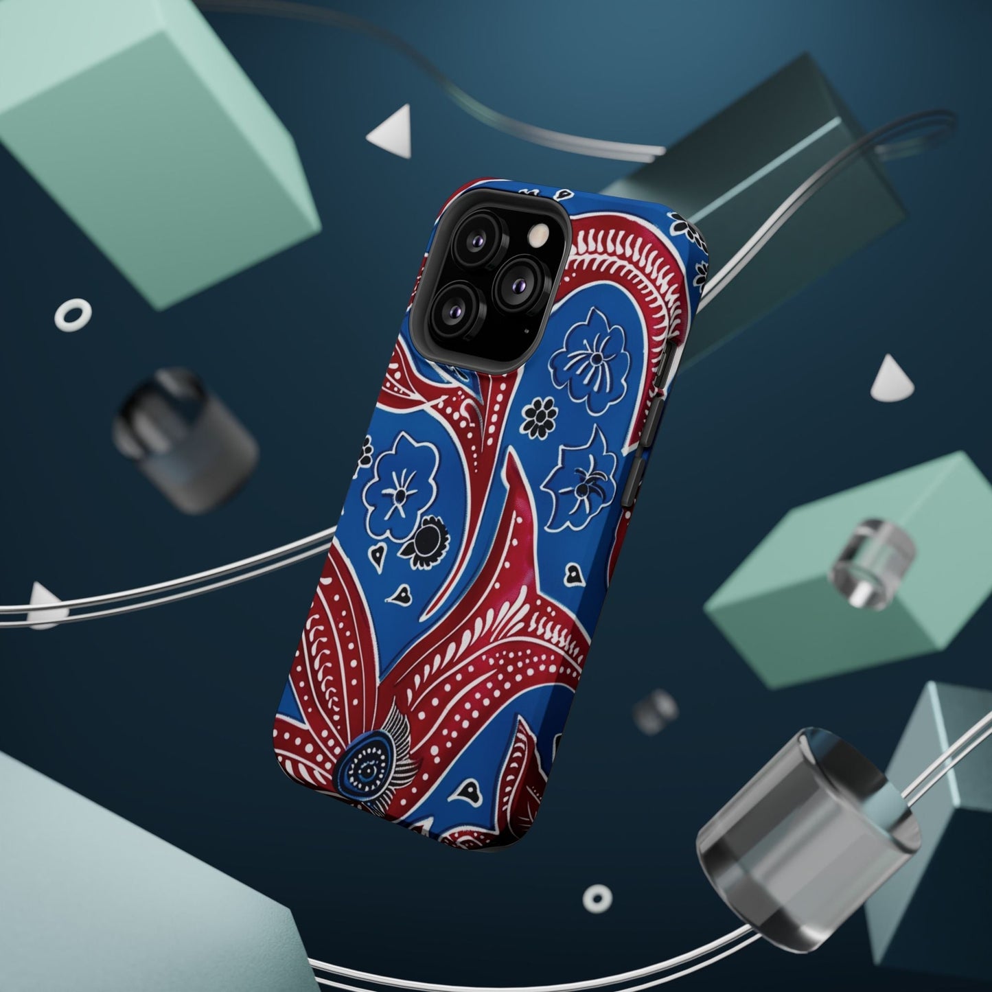 Paisley Pattern Magnetic Impact - Resistant Phone Case — Blue & Red Floral Design - DIGITAL X