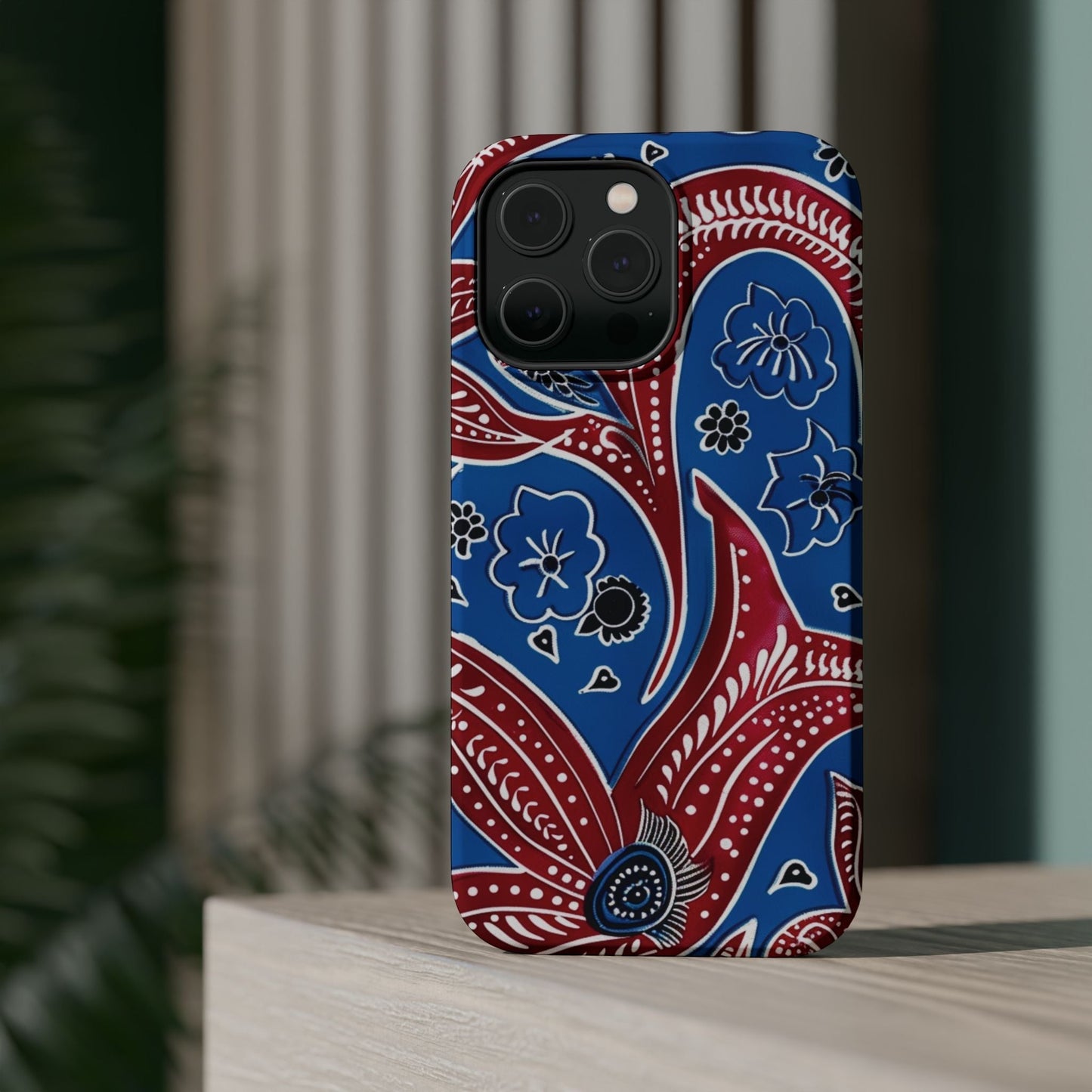 Paisley Pattern Magnetic Impact - Resistant Phone Case — Blue & Red Floral Design - DIGITAL X