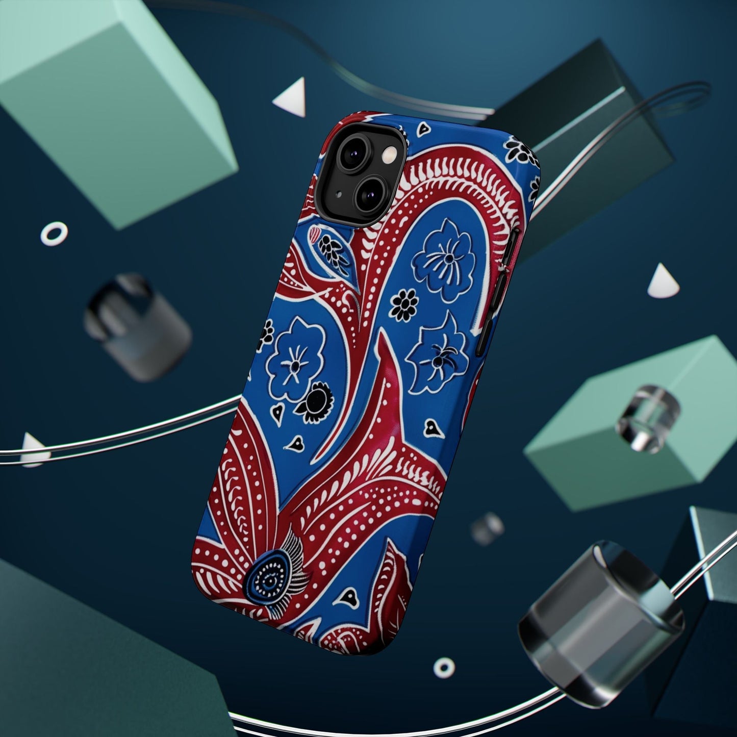 Paisley Pattern Magnetic Impact - Resistant Phone Case — Blue & Red Floral Design - DIGITAL X