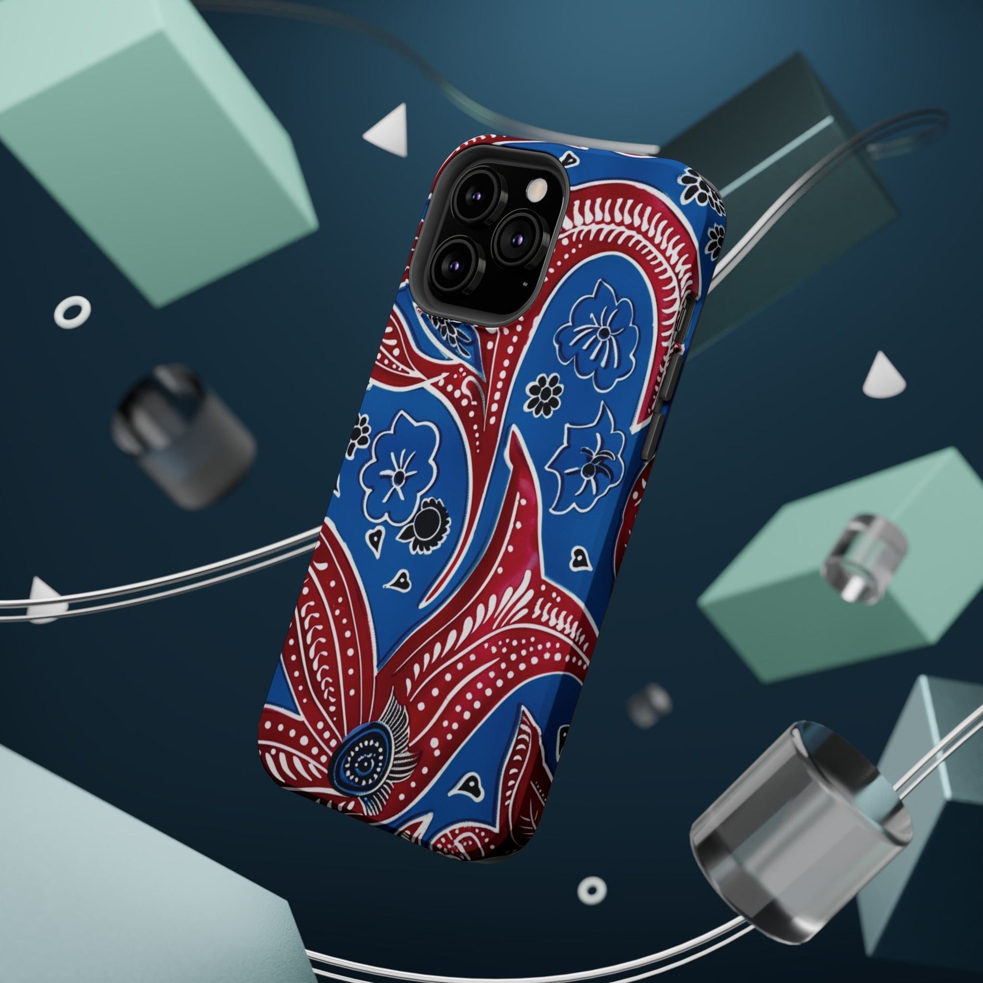 Paisley Pattern Magnetic Impact - Resistant Phone Case — Blue & Red Floral Design - DIGITAL X