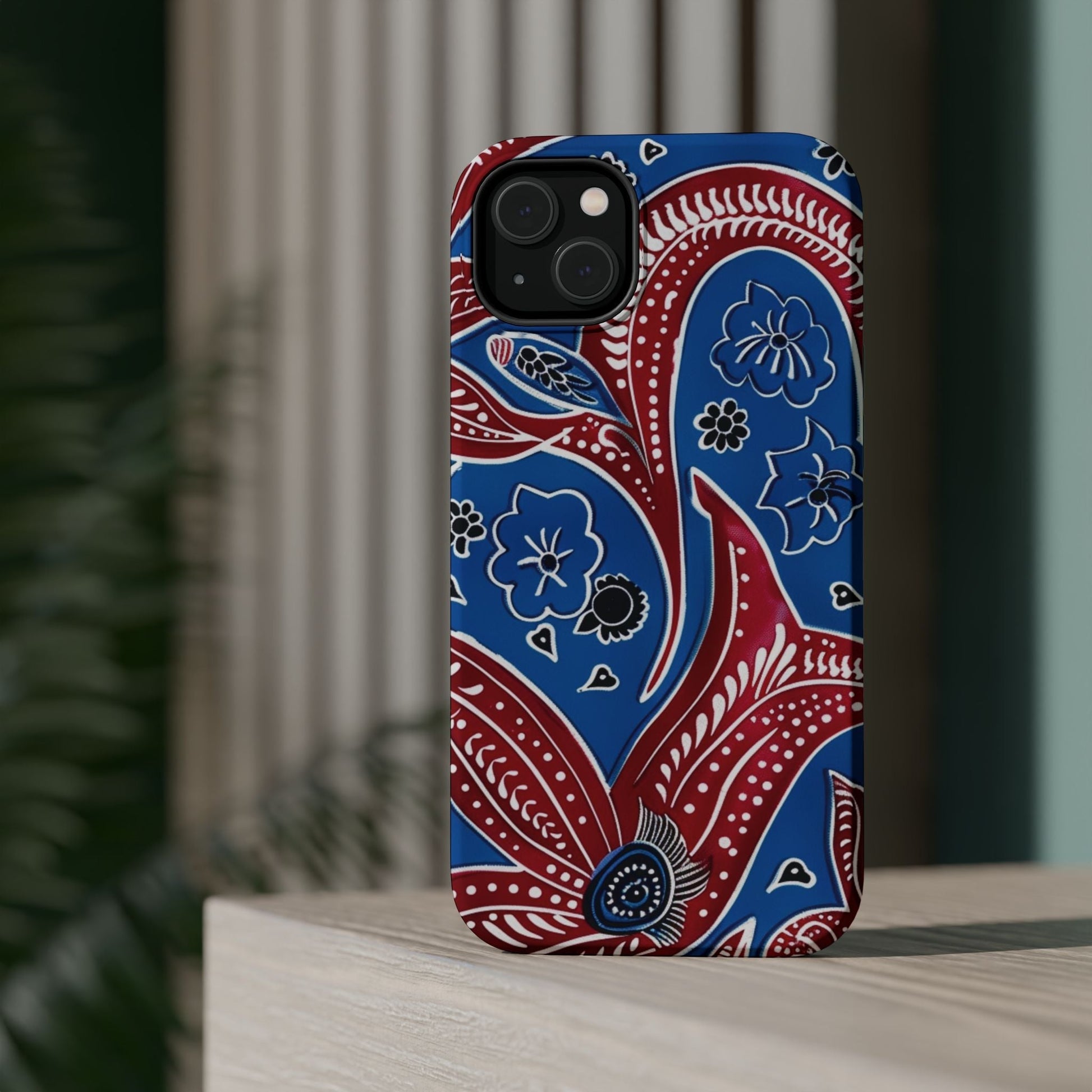 Paisley Pattern Magnetic Impact - Resistant Phone Case — Blue & Red Floral Design - DIGITAL X