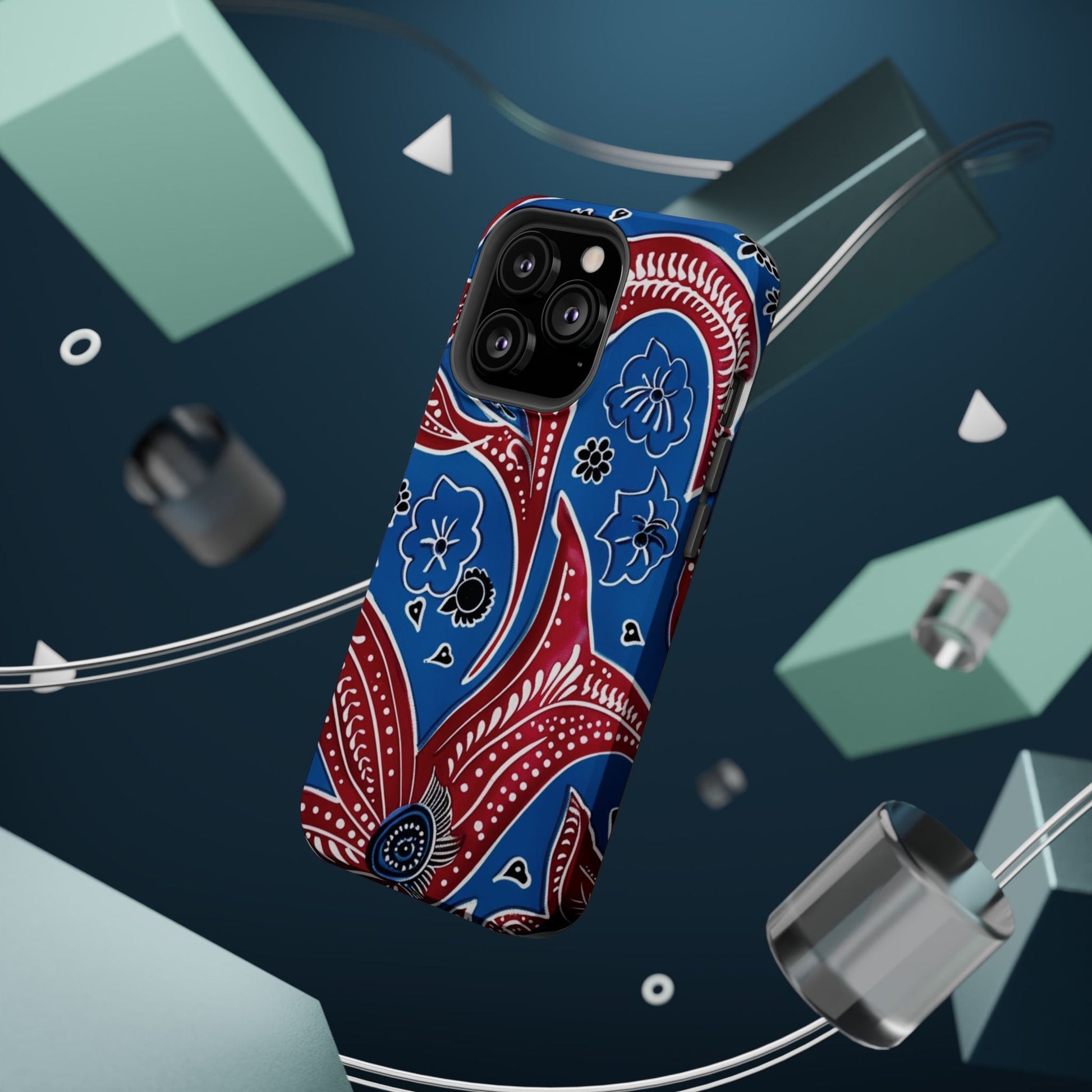 Paisley Pattern Magnetic Impact - Resistant Phone Case — Blue & Red Floral Design - DIGITAL X