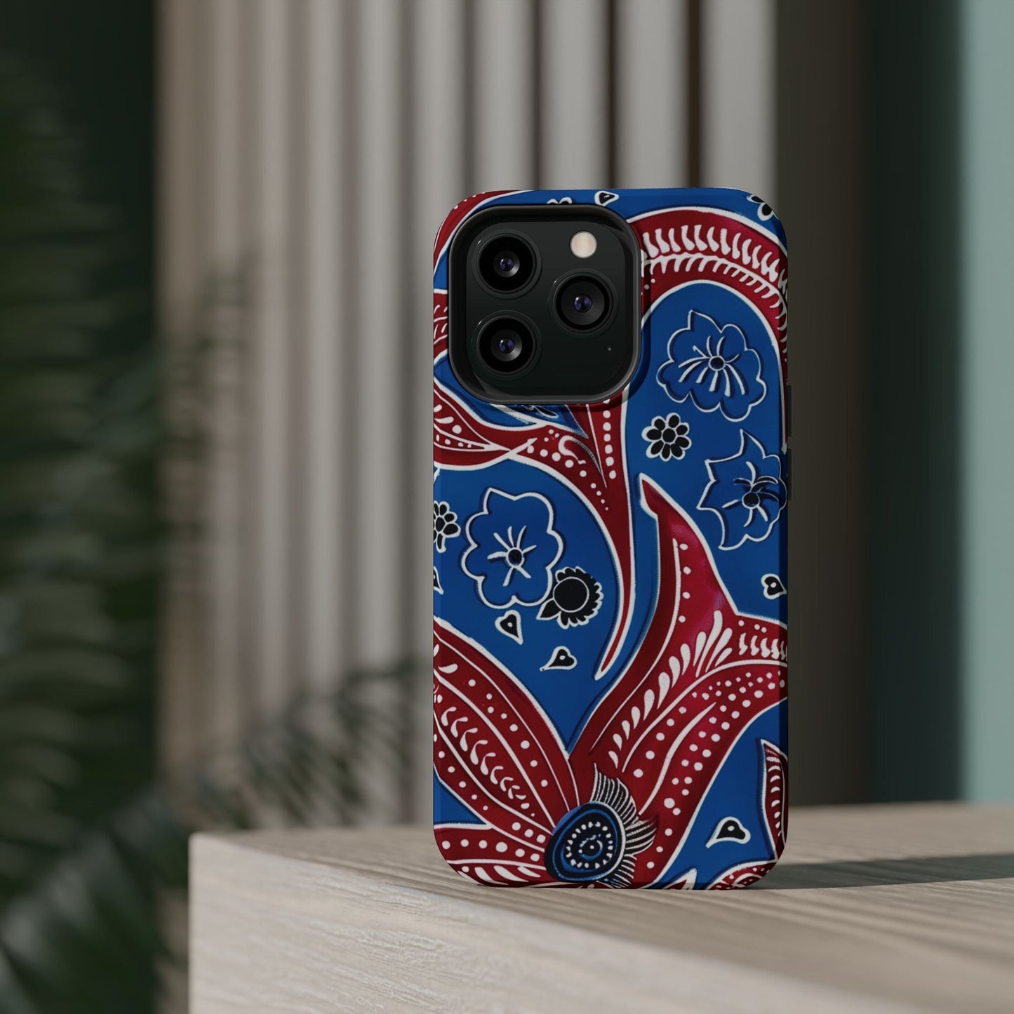 Paisley Pattern Magnetic Impact - Resistant Phone Case — Blue & Red Floral Design - DIGITAL X