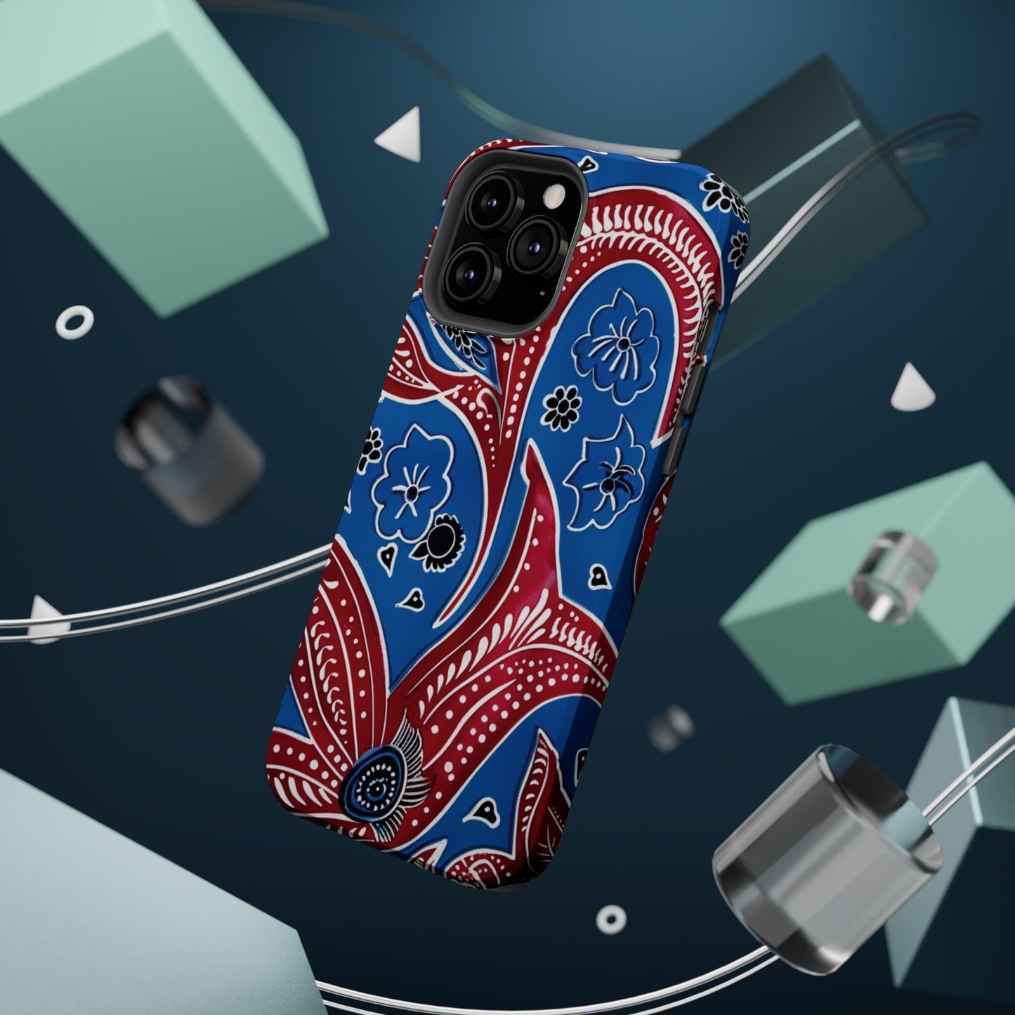 Paisley Pattern Magnetic Impact - Resistant Phone Case — Blue & Red Floral Design - DIGITAL X