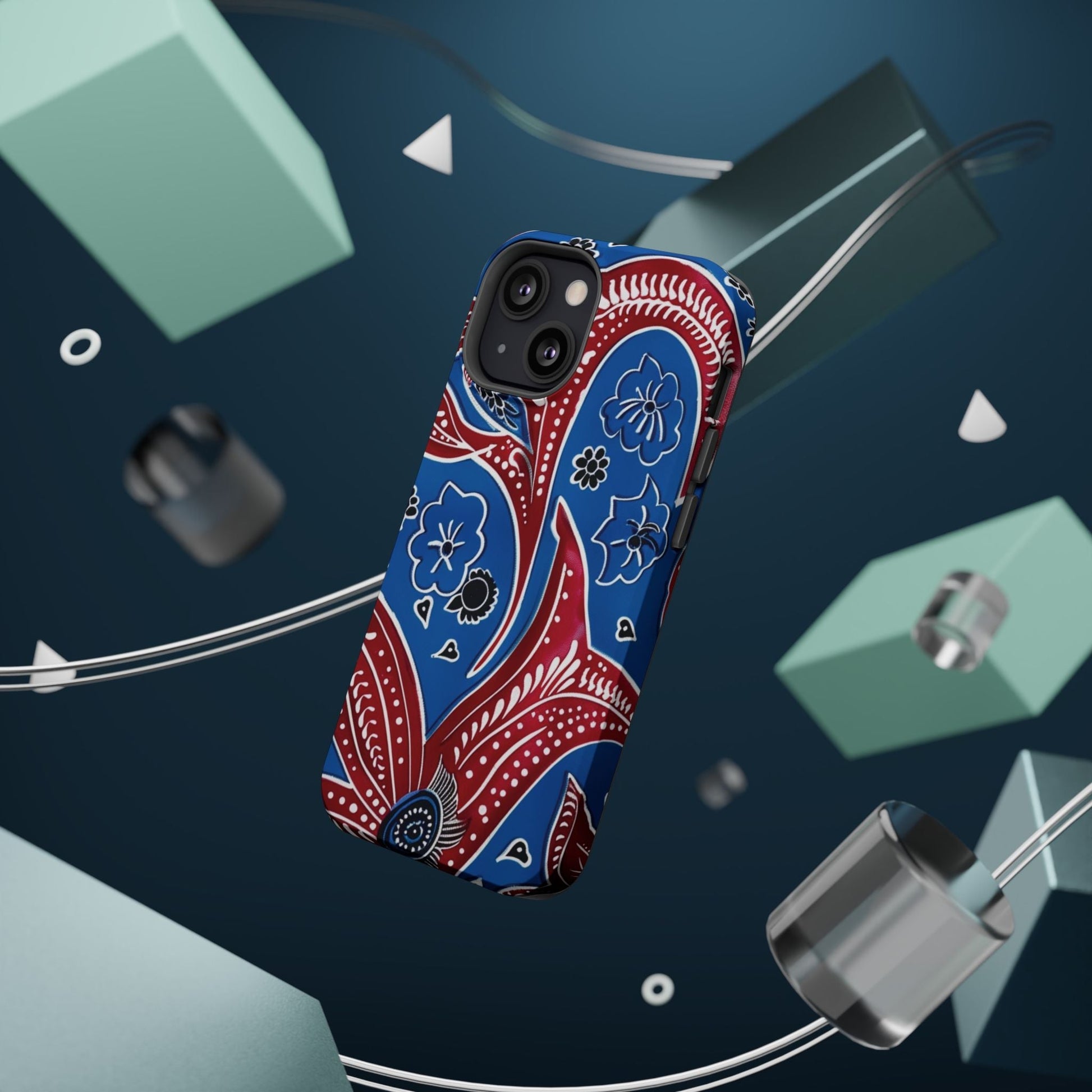 Paisley Pattern Magnetic Impact - Resistant Phone Case — Blue & Red Floral Design - DIGITAL X