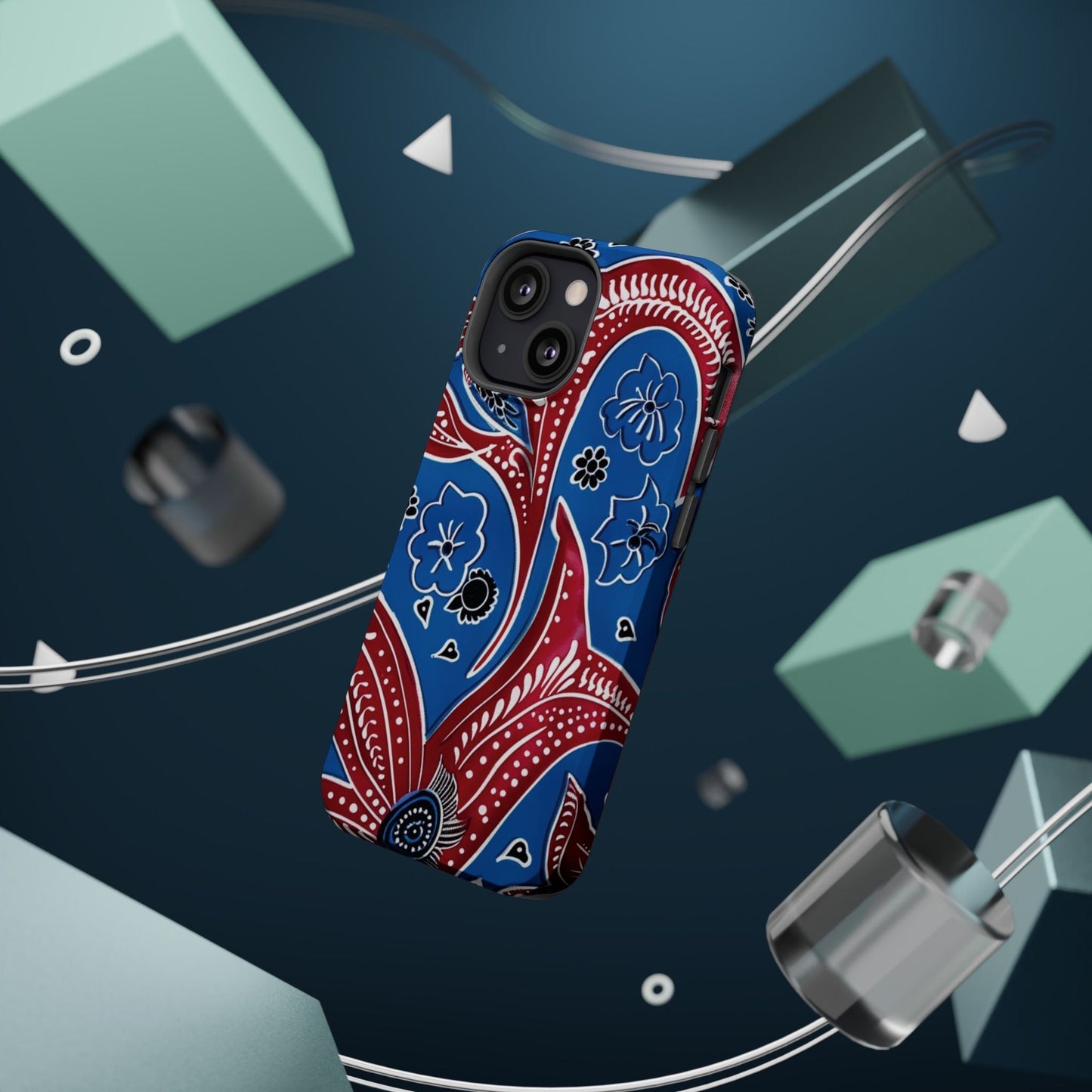 Paisley Pattern Magnetic Impact - Resistant Phone Case — Blue & Red Floral Design - DIGITAL X