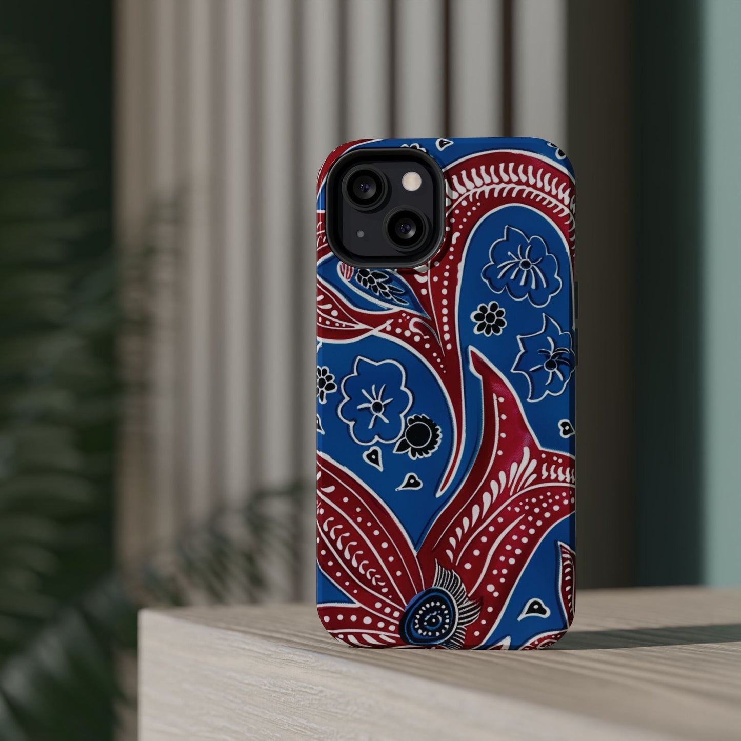 Paisley Pattern Magnetic Impact - Resistant Phone Case — Blue & Red Floral Design - DIGITAL X