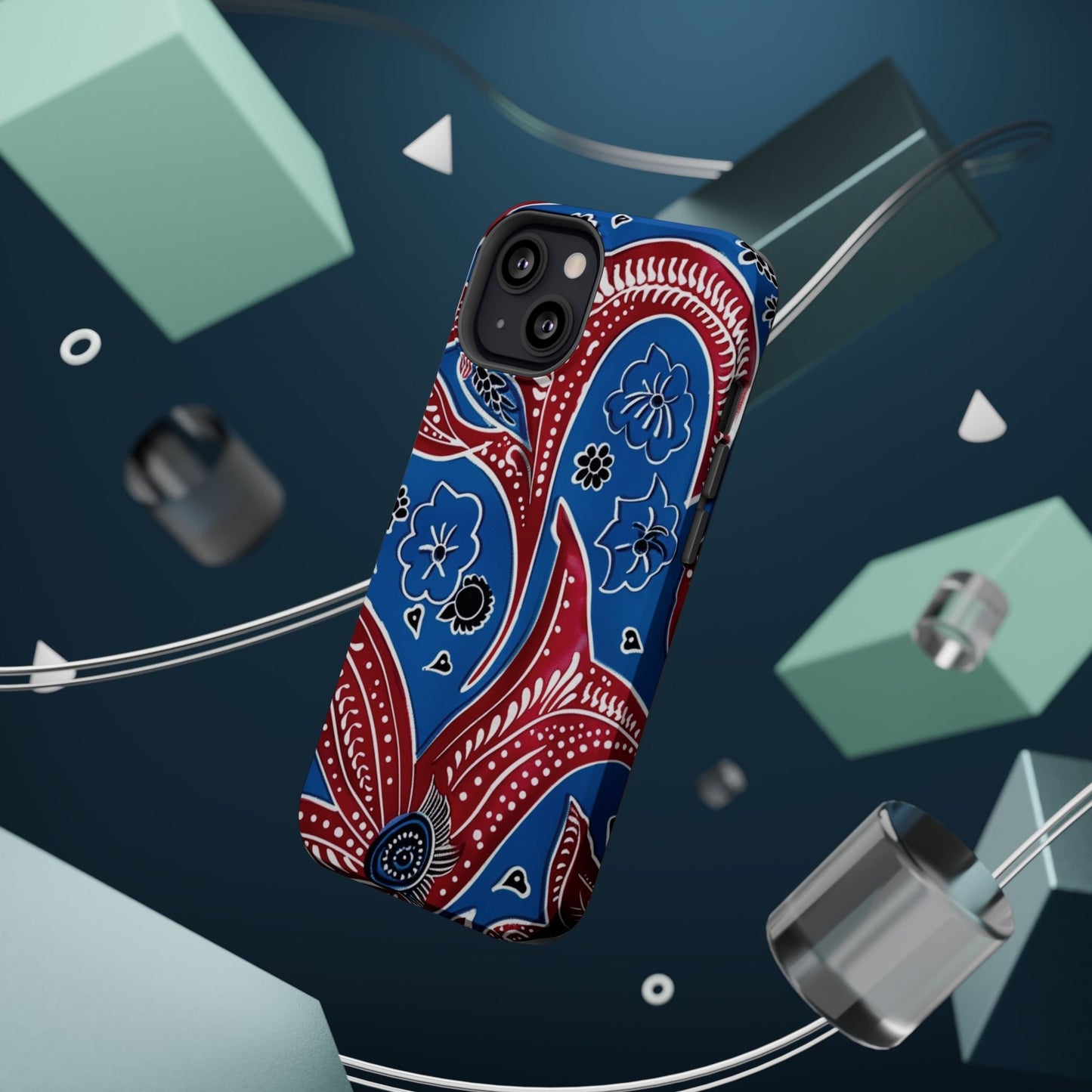 Paisley Pattern Magnetic Impact - Resistant Phone Case — Blue & Red Floral Design - DIGITAL X